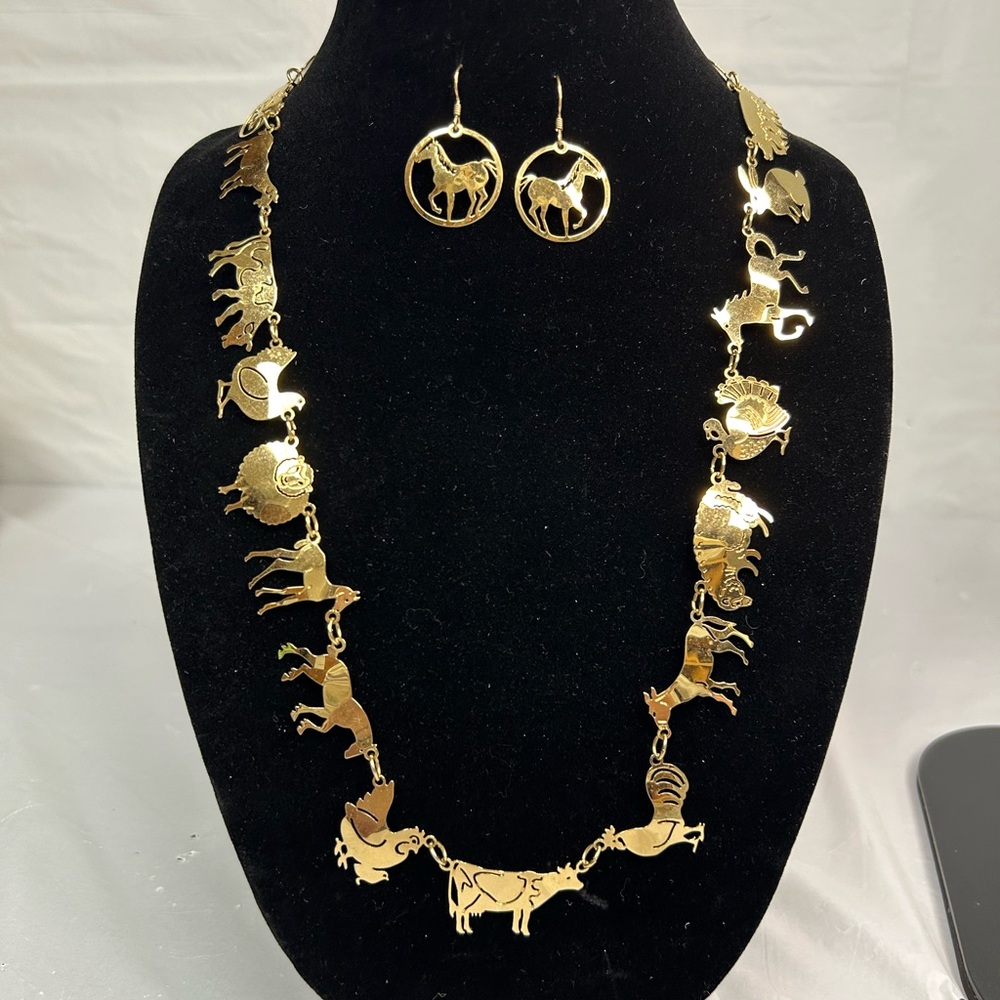Wild Bryde Farm Animals Necklace & Earrings Jewelry Set 14K GP Made In USA